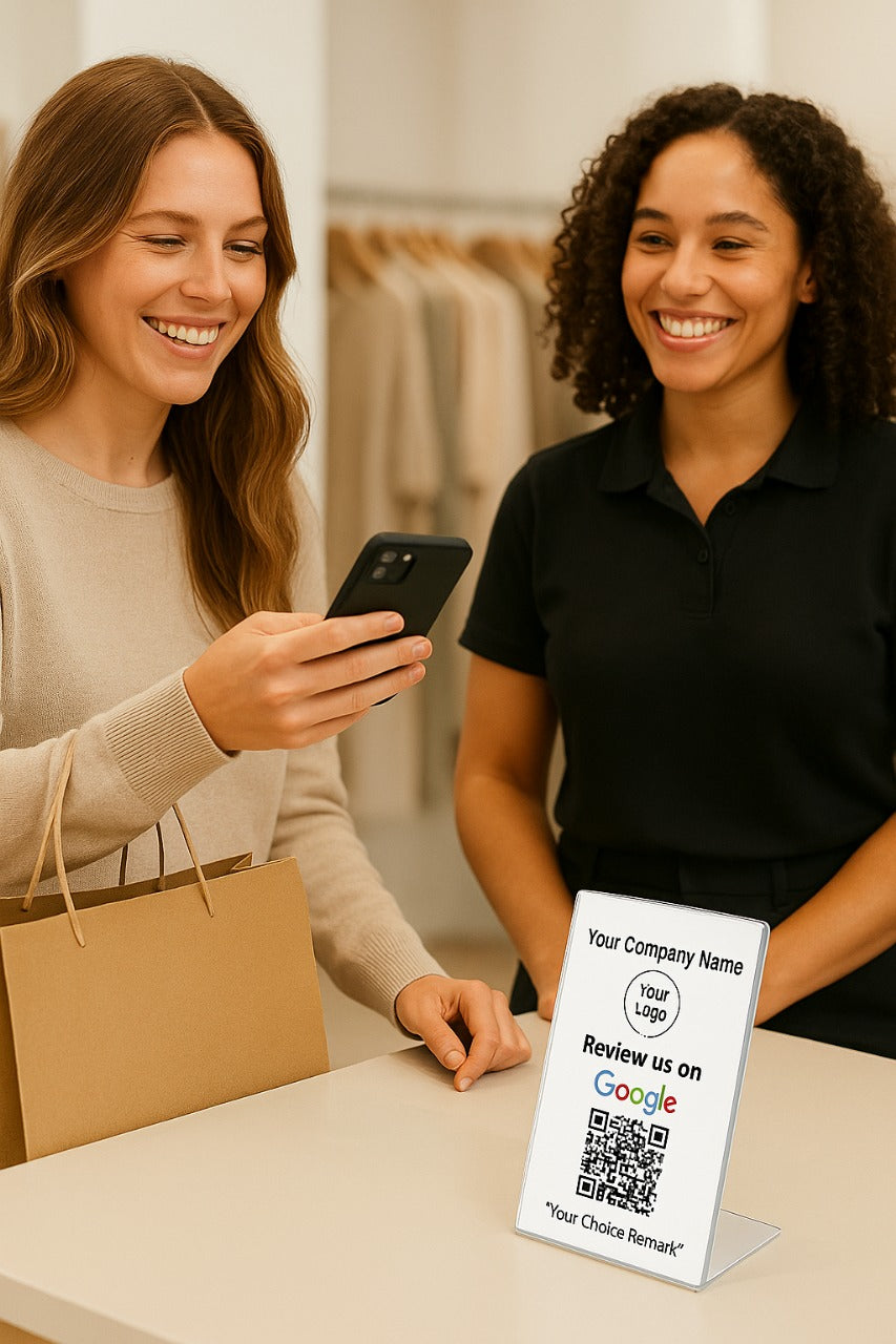 Google Review QR Code T-Stand – Double-Sided Acrylic with NFC Tap - 100% Reusable
