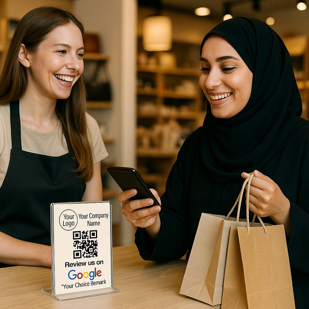 Google Review QR Code T-Stand – Double-Sided Acrylic with NFC Tap - 100% Reusable