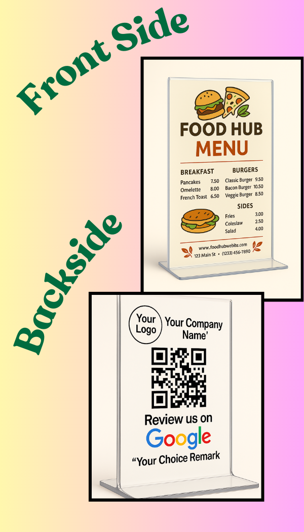 Smart Dual-Sided Table Stand – Google Review + Menu/Promo Display